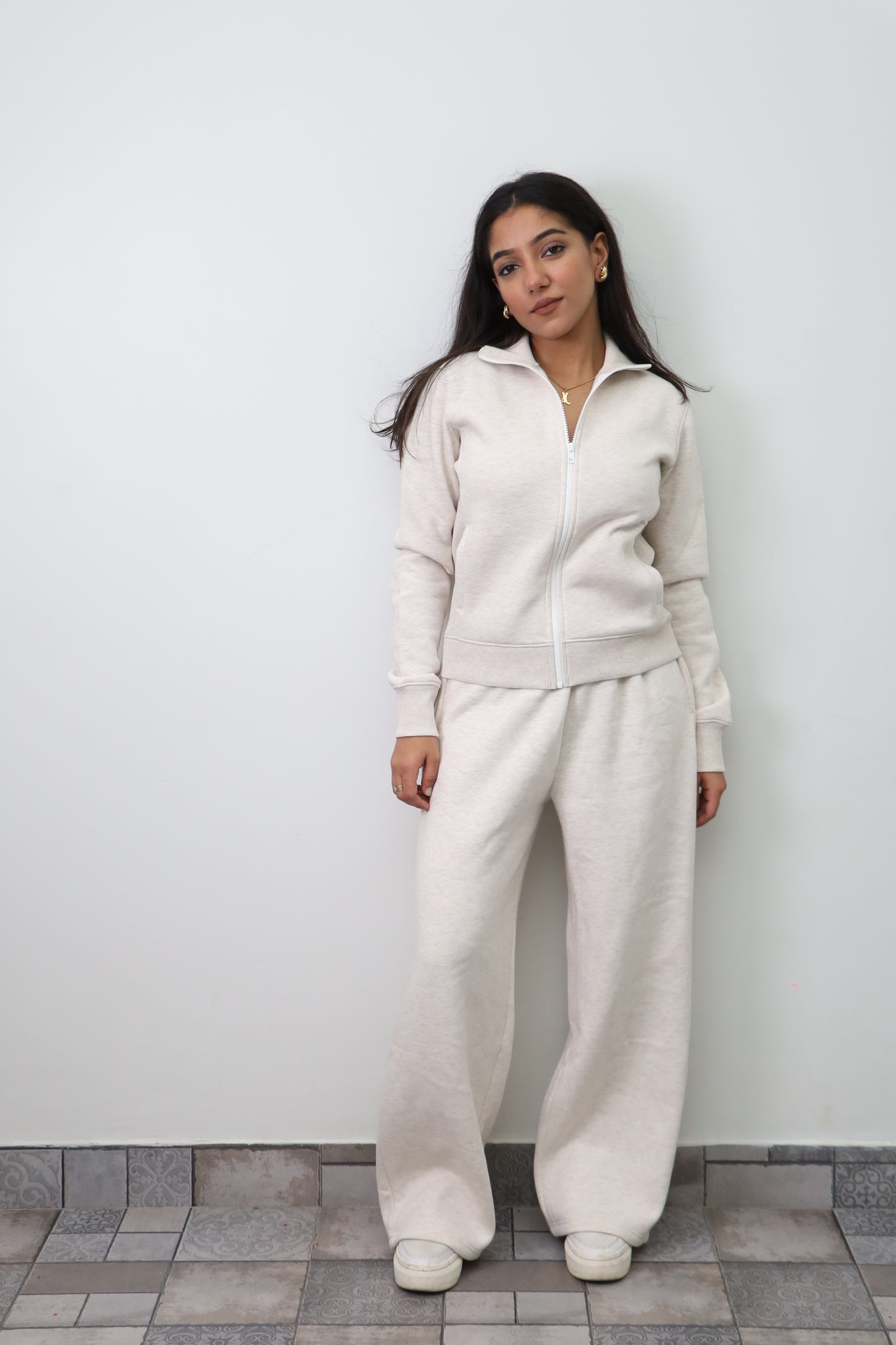 Fleece Cream Melange Zipper & Fleece Pants SET