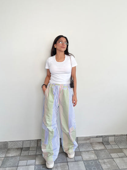 Cotton Poplin Striped Pants Rib Top Half-Sleeves Set