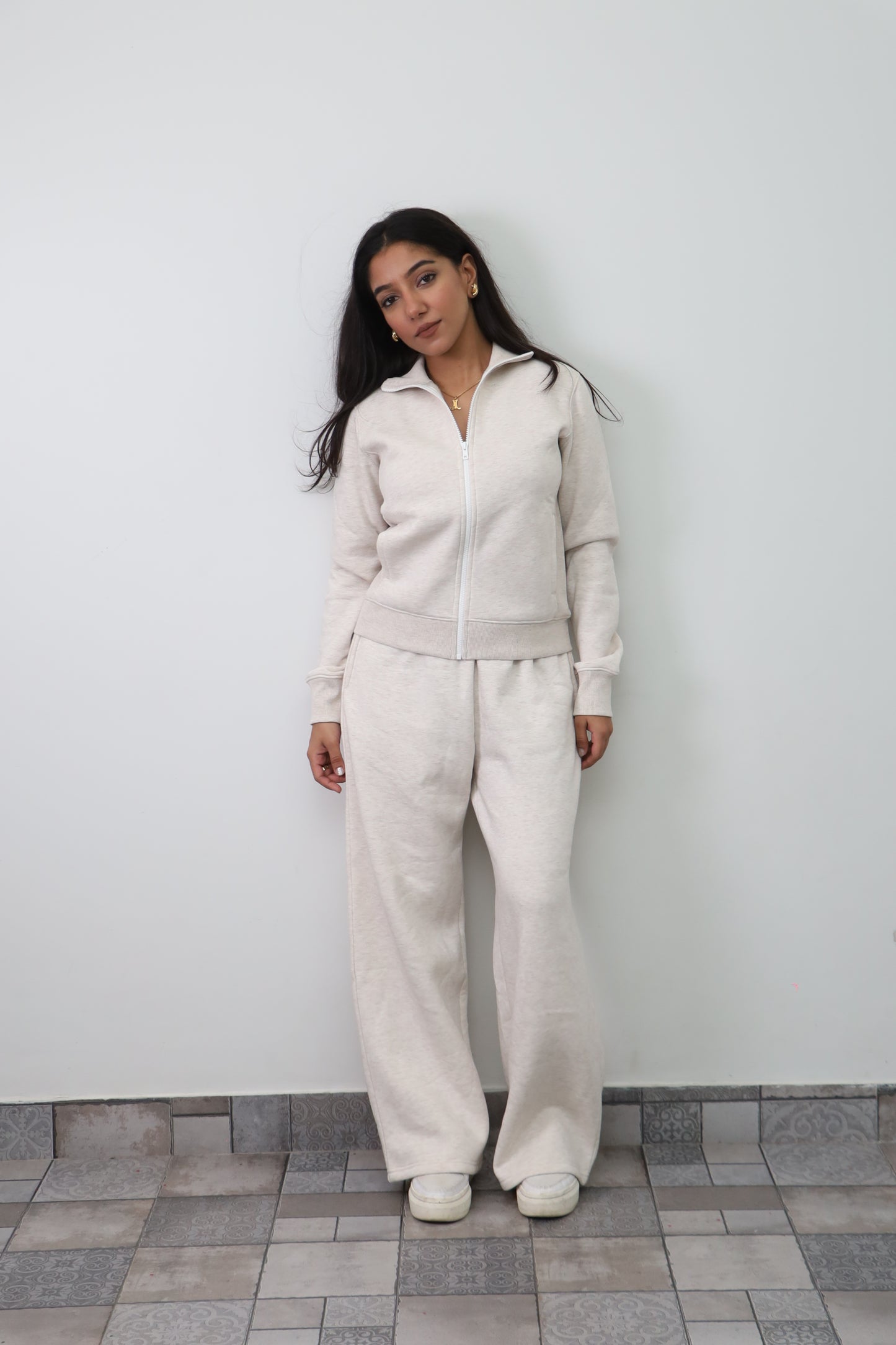 Fleece Cream Melange Zipper & Fleece Pants SET