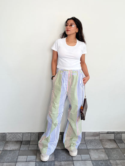 Cotton Poplin Striped Pants Rib Top Half-Sleeves Set