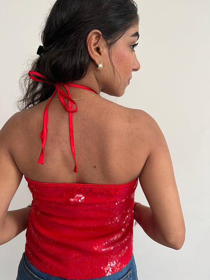 Red Water Sequin Halter Top ONLY