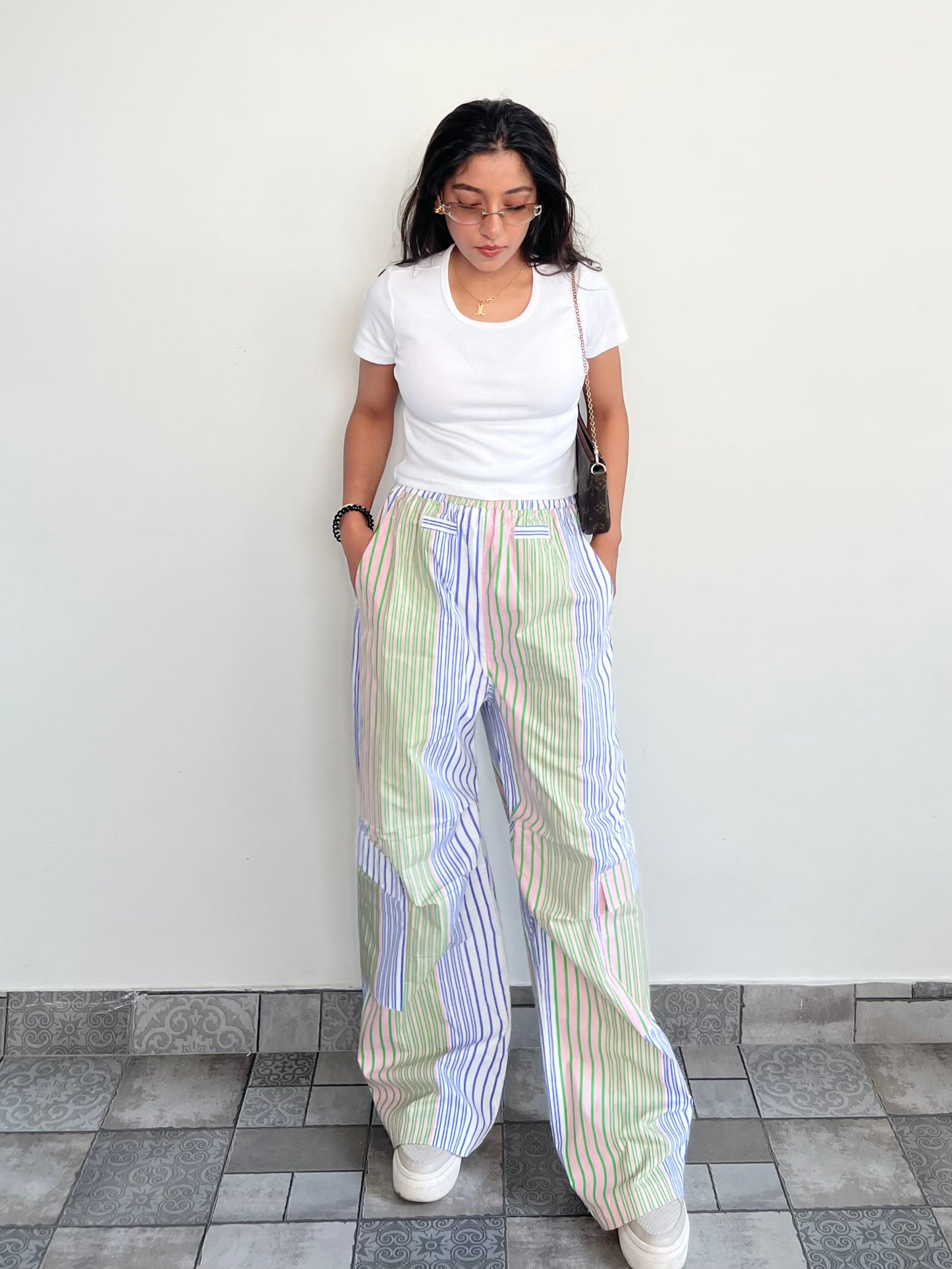 Cotton Poplin Striped Pants Rib Top Half-Sleeves Set