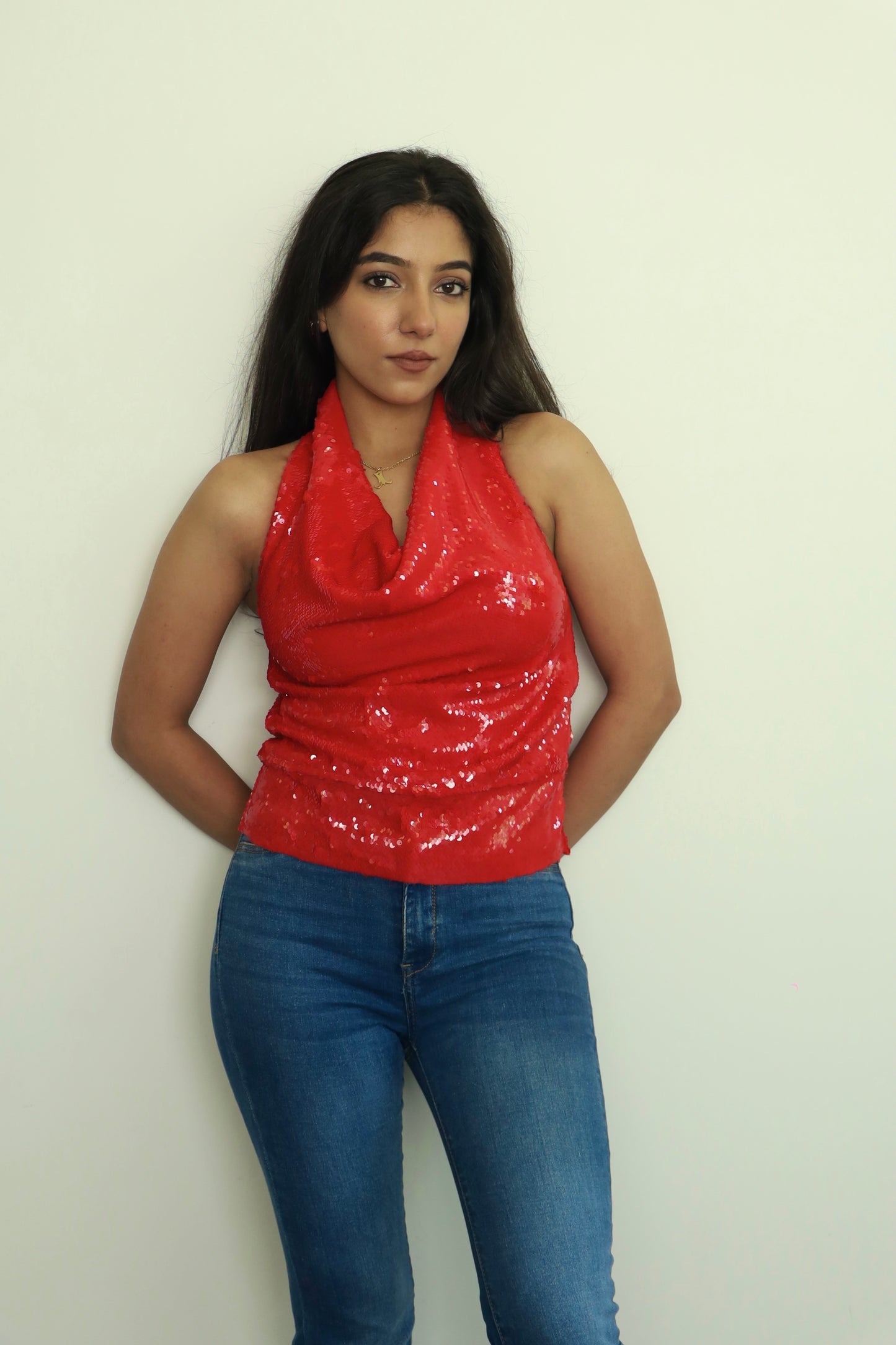 Red Water Sequin Cowl Neck Top ONLY