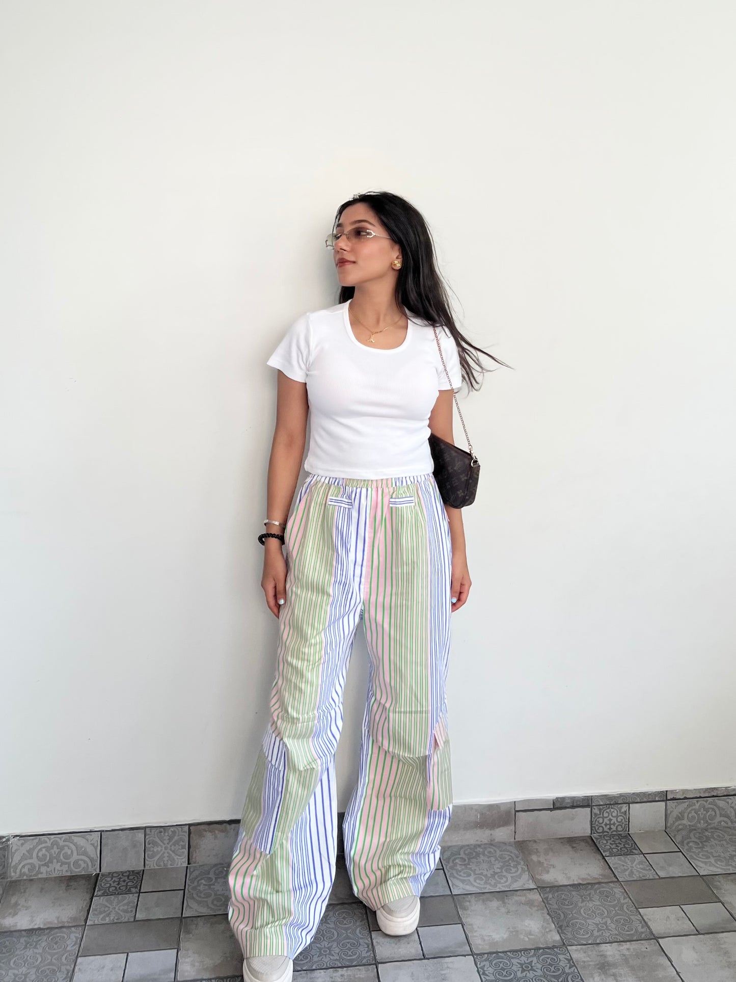 Cotton Poplin Striped Pants Rib Top Half-Sleeves Set