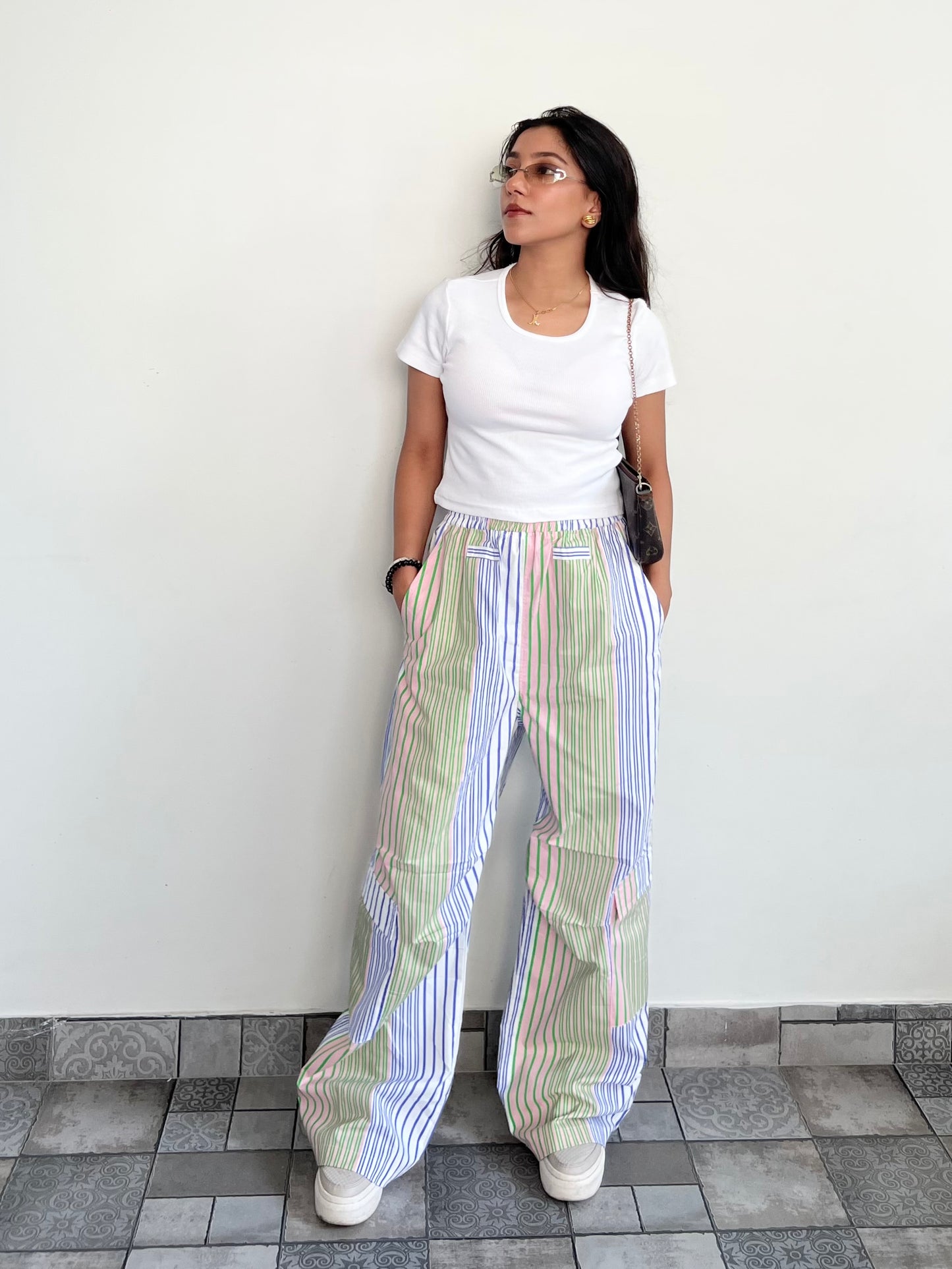 Cotton Poplin Striped Pants Rib Top Half-Sleeves Set