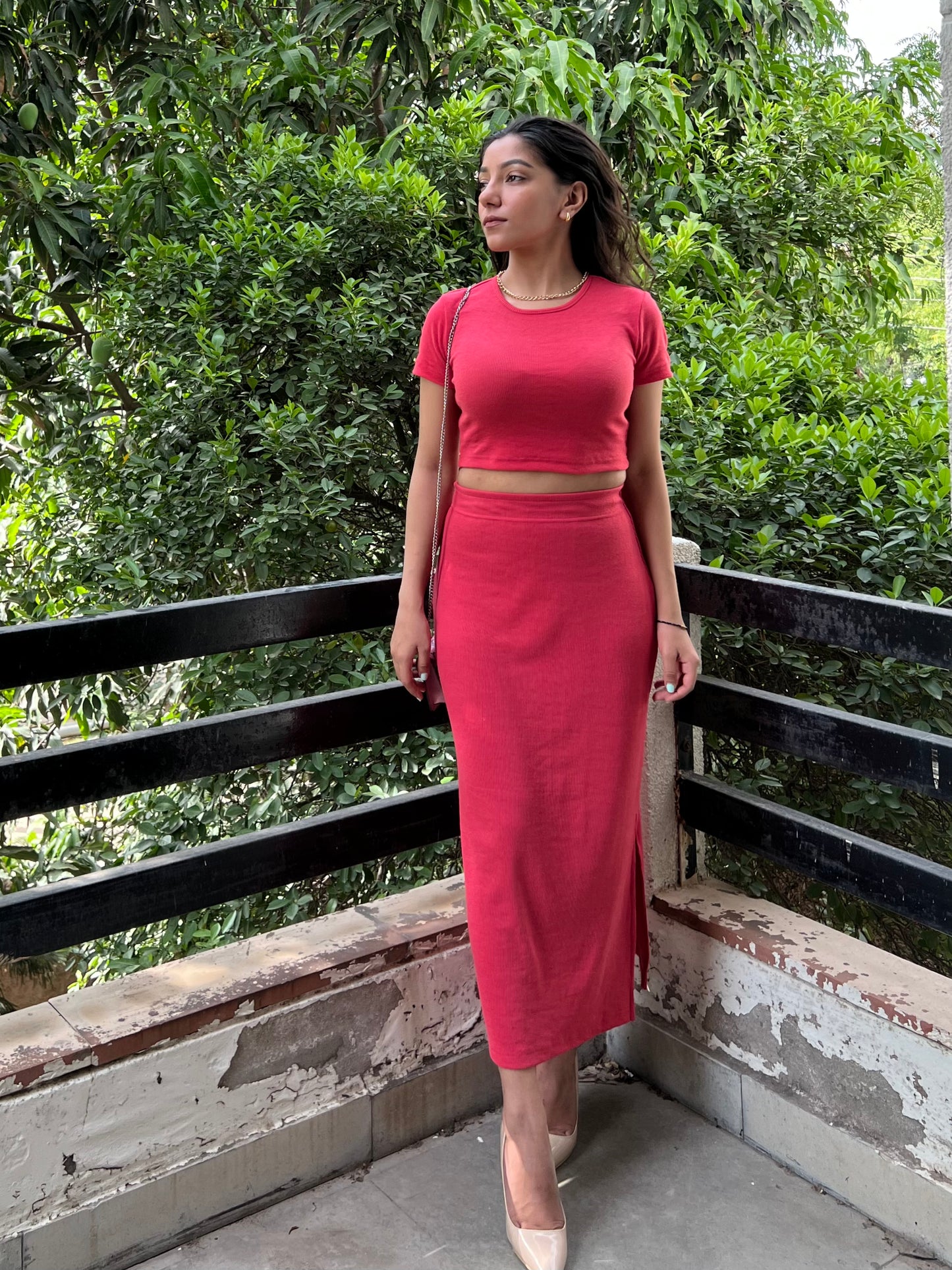 RIB Skirt Fuchsia Pink Half Sleeves Co-ord