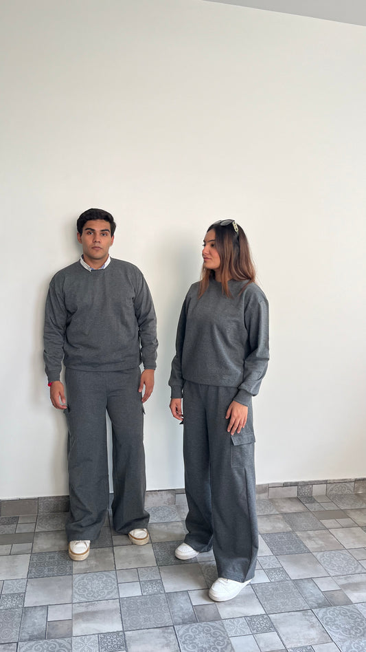 Cotton Fleece Sweatshirt Grey Melange Unisex Set