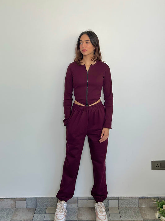 Cotton Fleece Wine Jogger Set