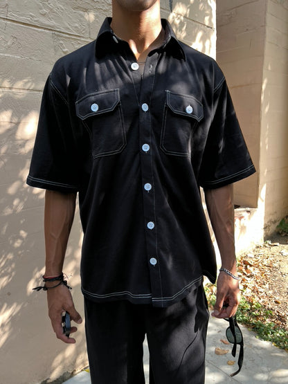 Black French Terry Men's Shirt Co-ord