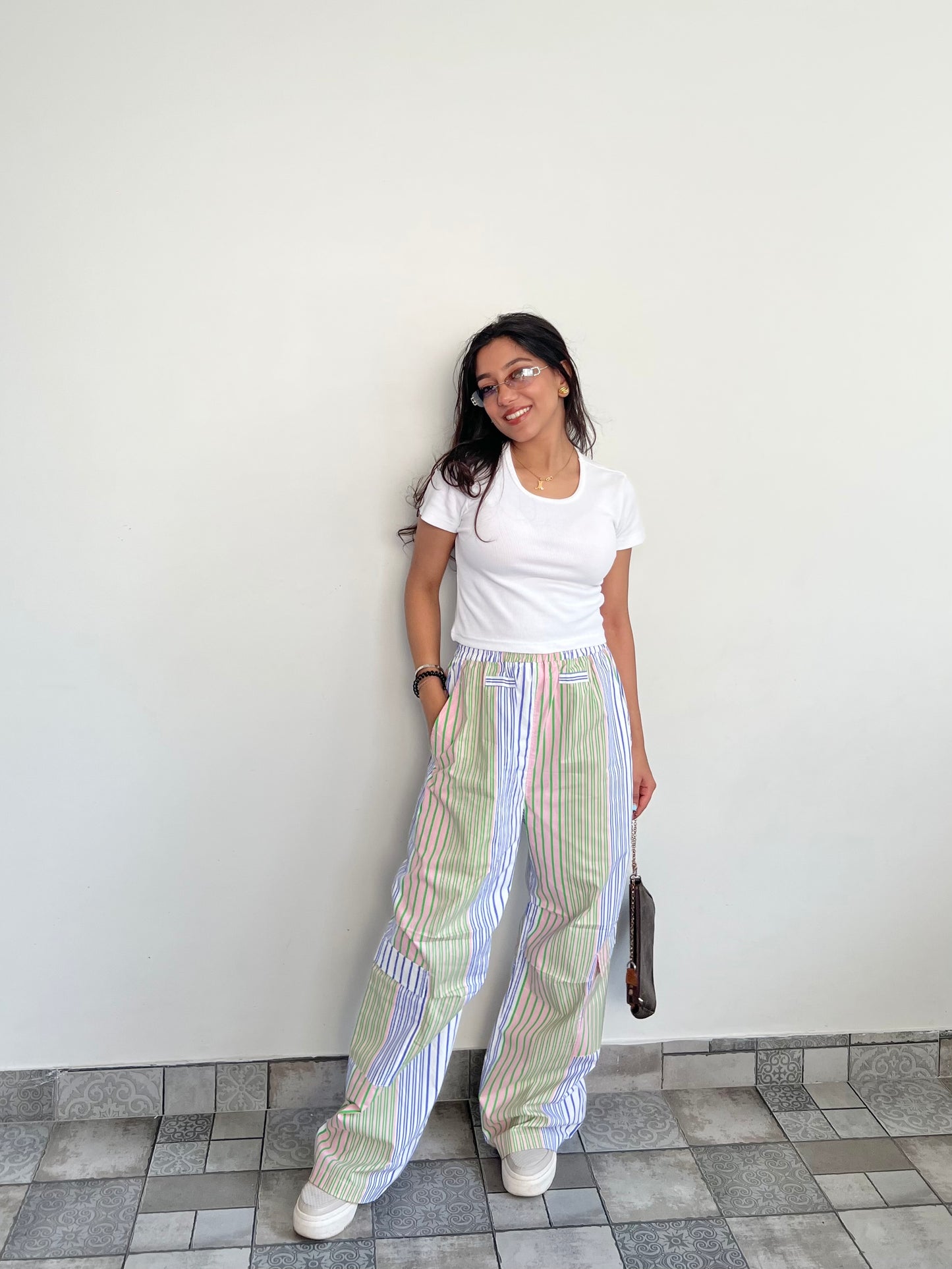 Cotton Poplin Striped Pants Rib Top Half-Sleeves Set