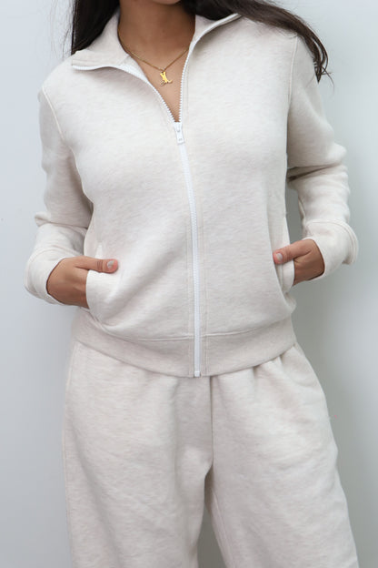 Fleece Cream Melange Zipper & Fleece Pants SET