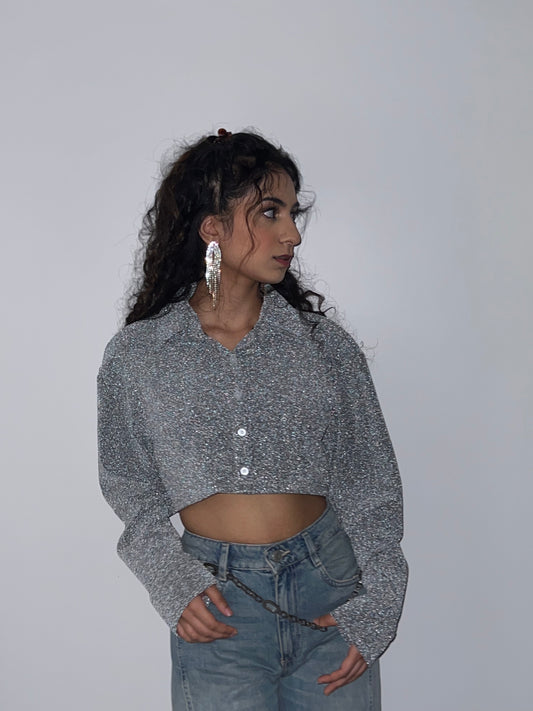 Silver Cotton Shimmer Crop Shirt