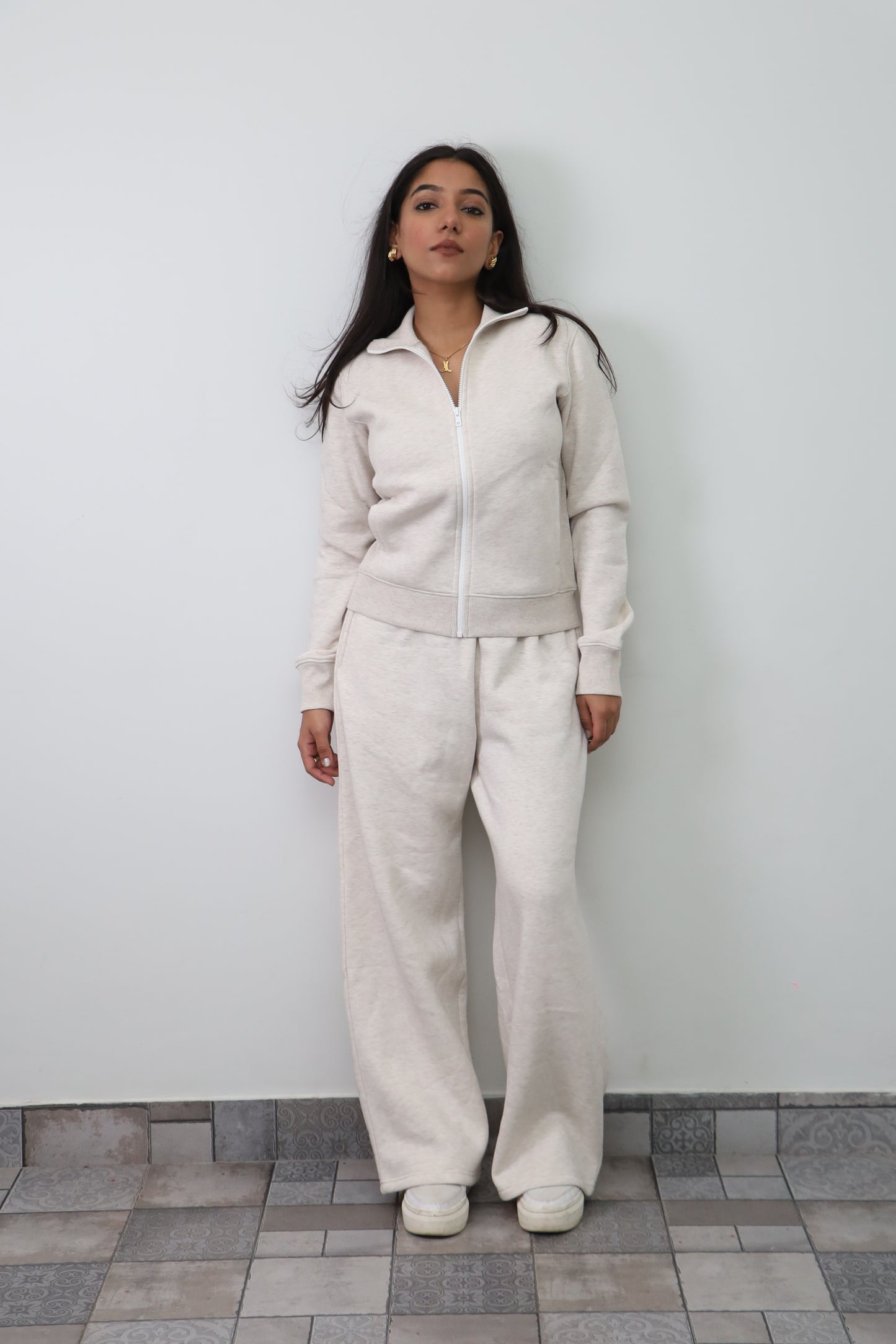 Fleece Cream Melange Zipper & Fleece Pants SET