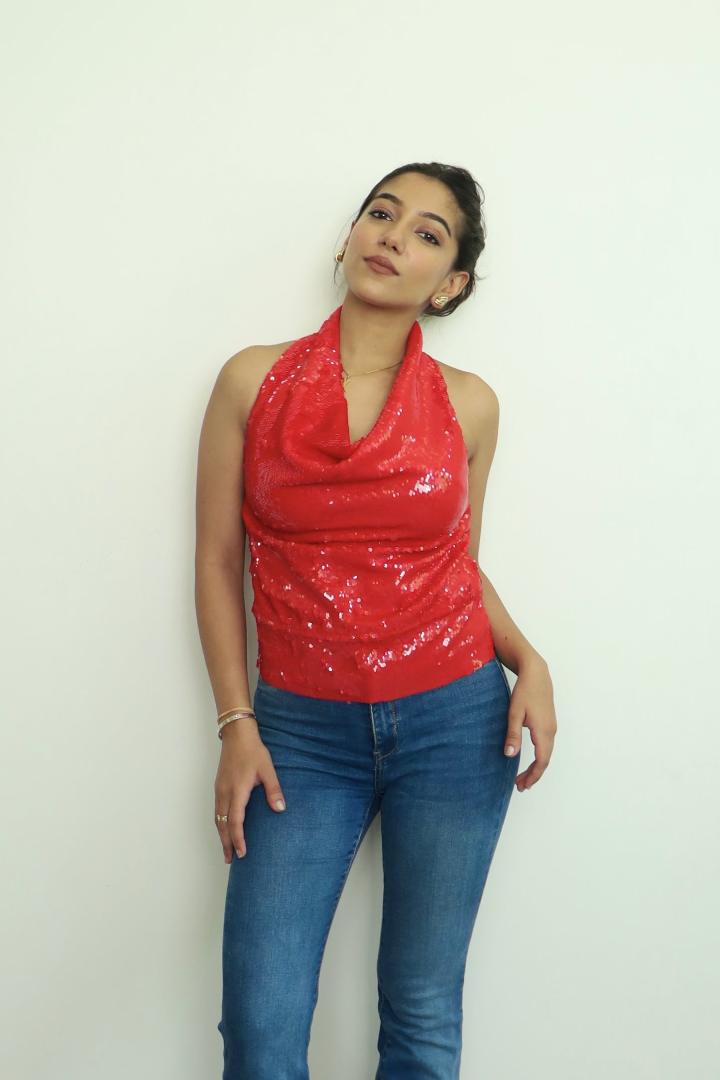 Red Water Sequin Cowl Neck Top ONLY