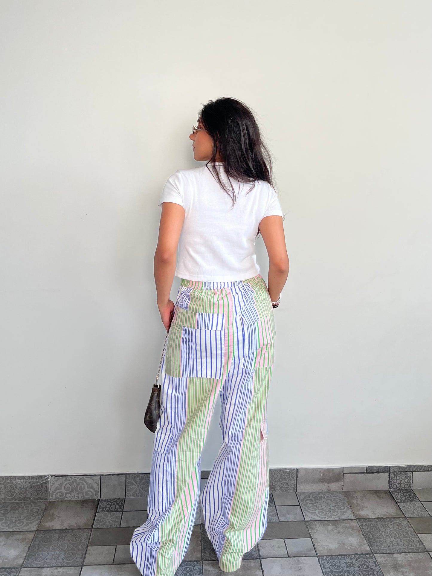 Cotton Poplin Striped Pants Rib Top Half-Sleeves Set