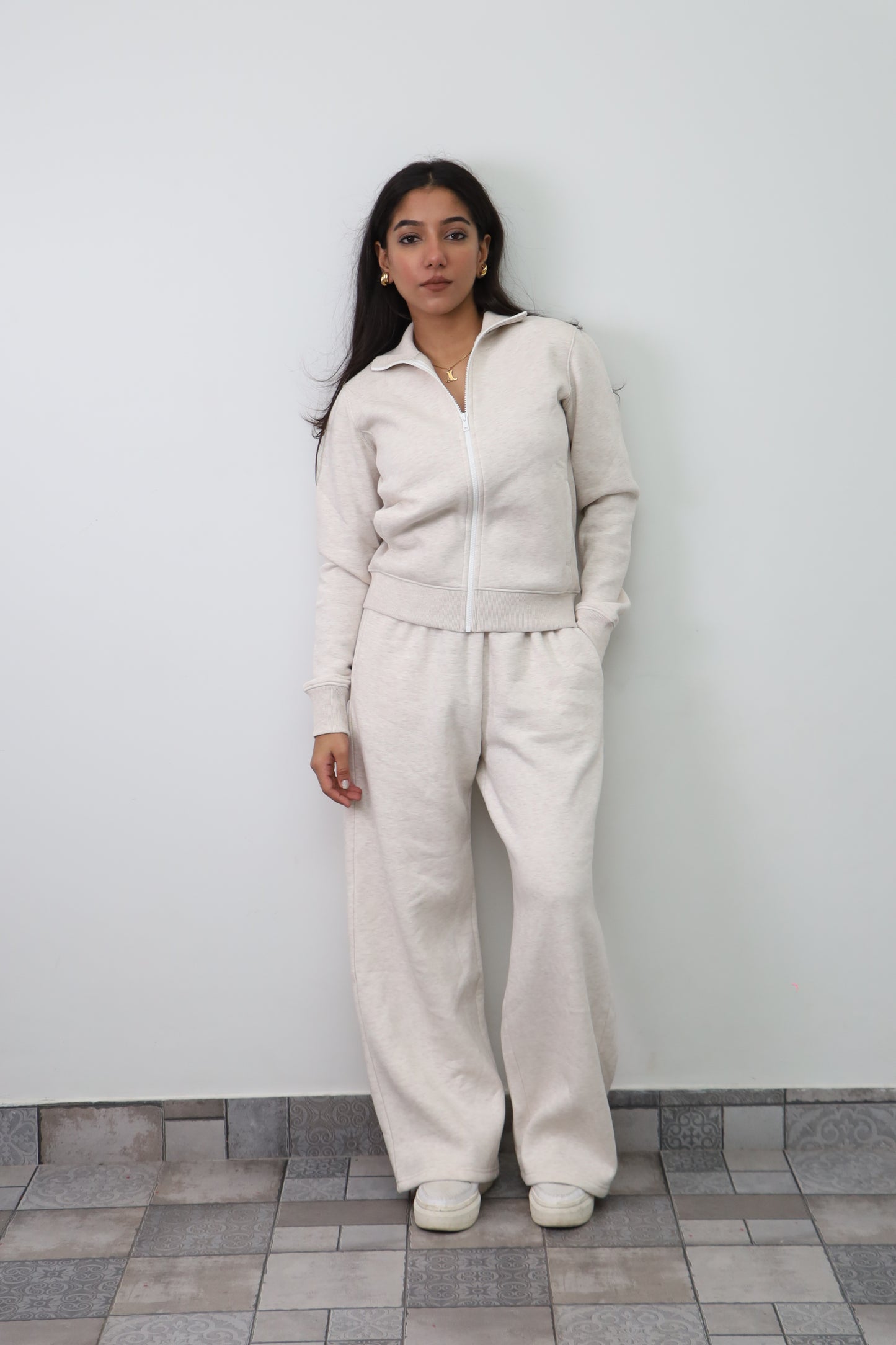 Fleece Cream Melange Zipper & Fleece Pants SET