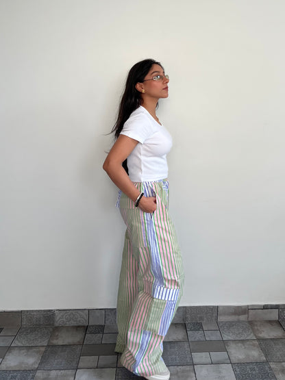 Cotton Poplin Striped Pants Rib Top Half-Sleeves Set