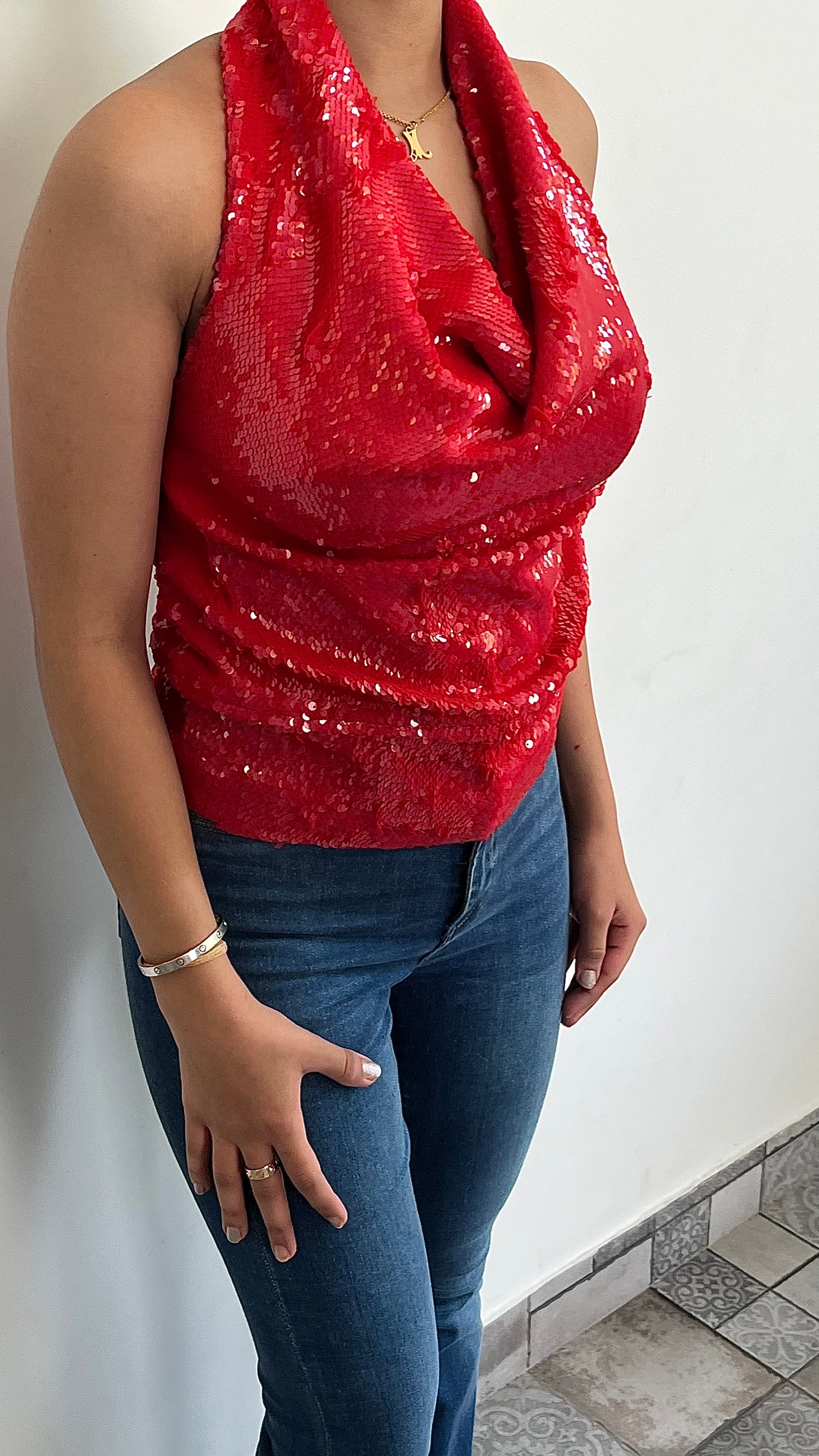 Red Water Sequin Cowl Neck Top ONLY