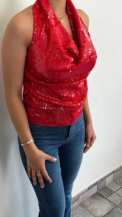 Red Water Sequin Cowl Neck Top ONLY