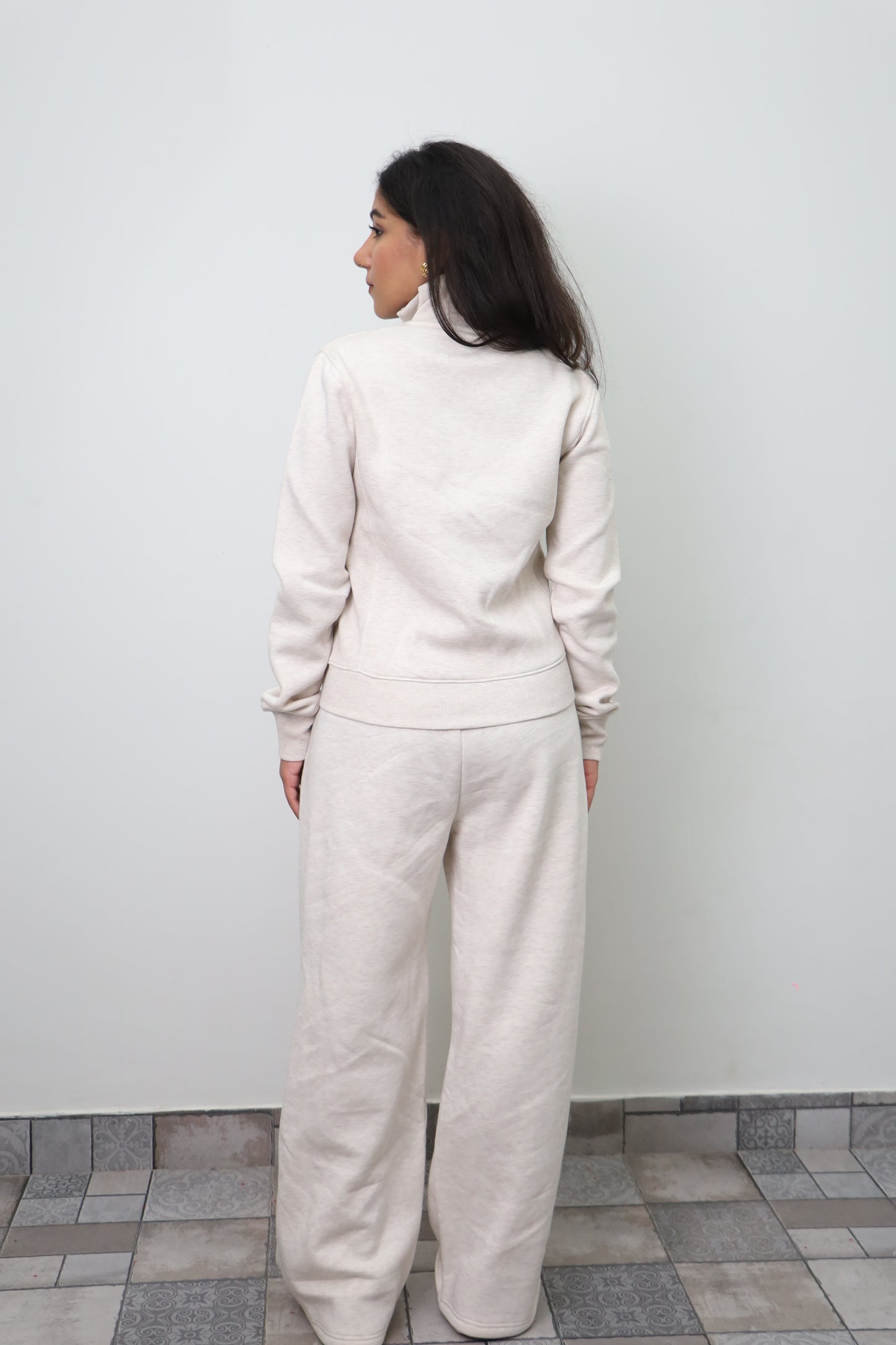 Fleece Cream Melange Zipper & Fleece Pants SET