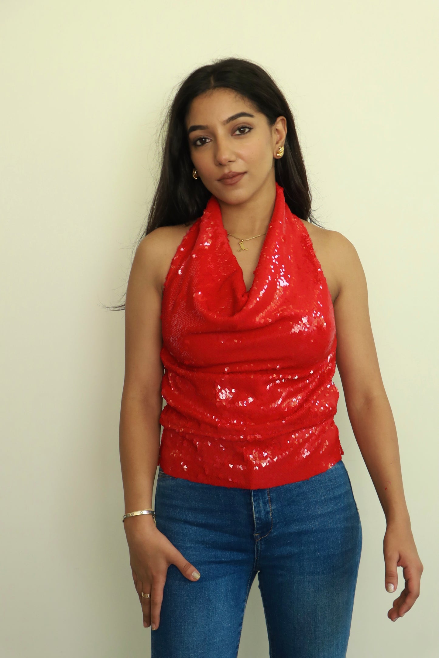 Red Water Sequin Cowl Neck Top ONLY