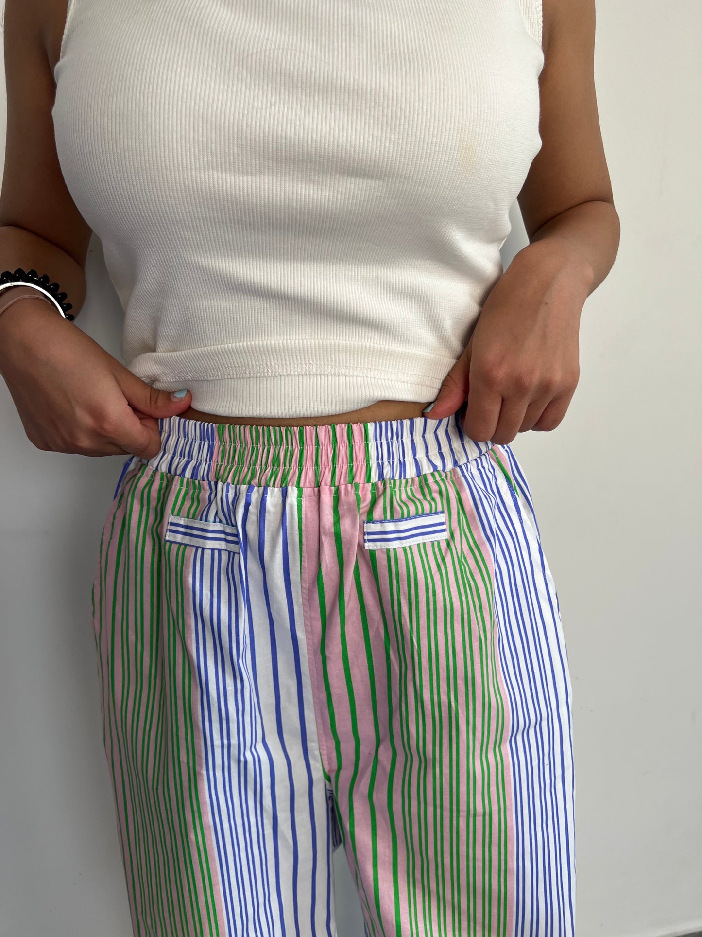 Cotton Poplin Striped Pants Rib Top Half-Sleeves Set