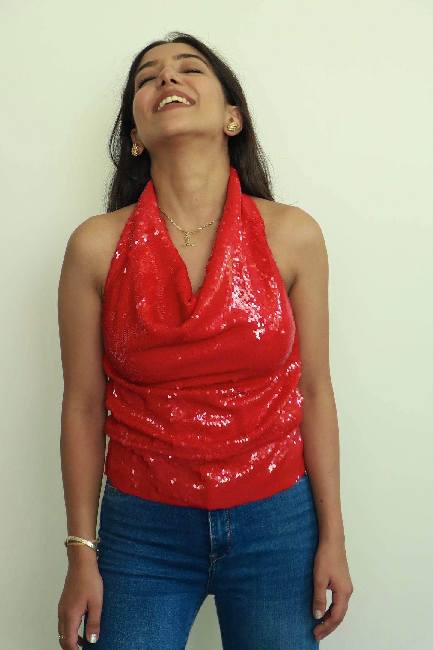 Red Water Sequin Cowl Neck Top ONLY