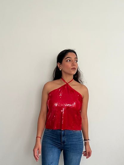 Red Water Sequin Halter Top ONLY