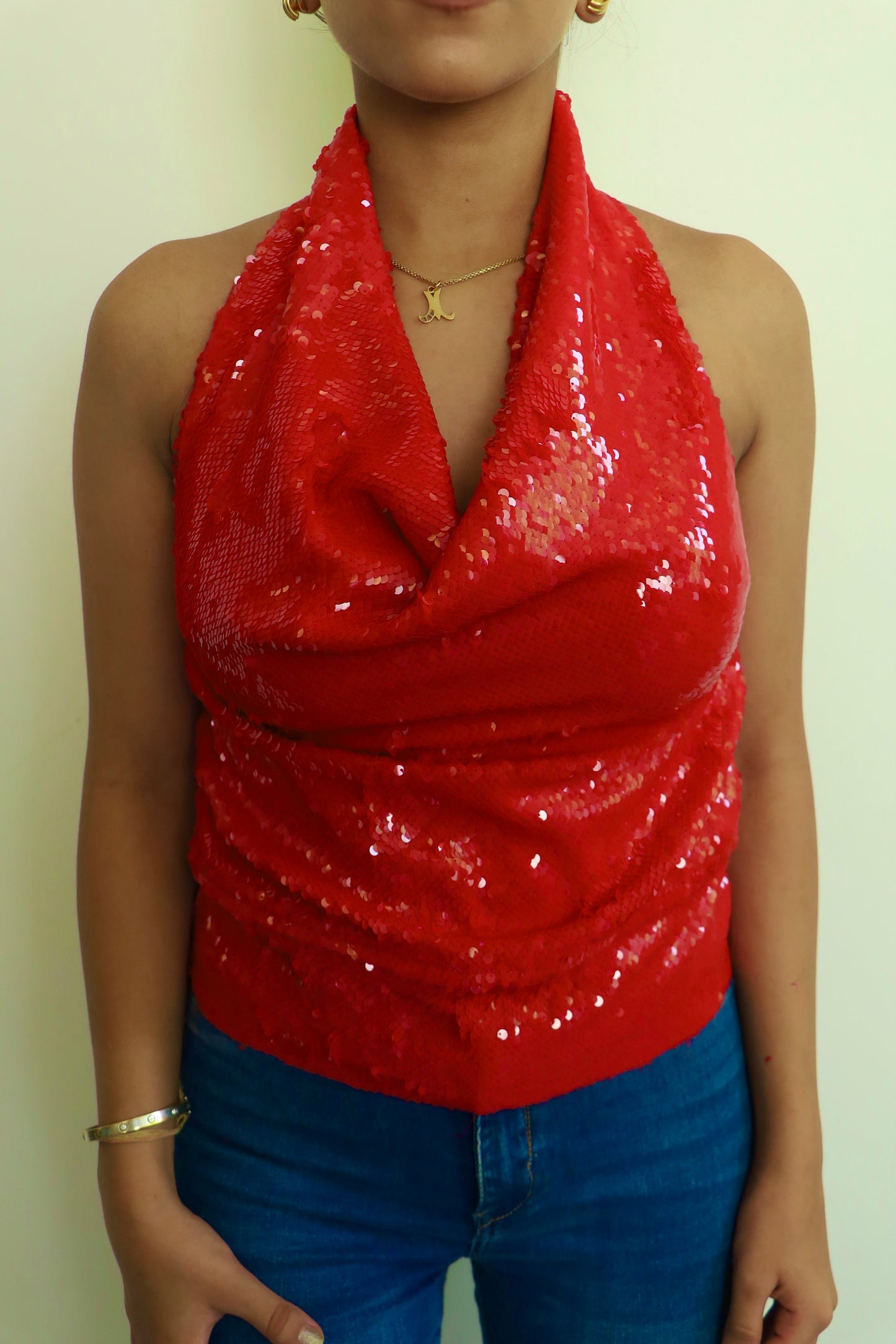 Red Water Sequin Cowl Neck Top ONLY