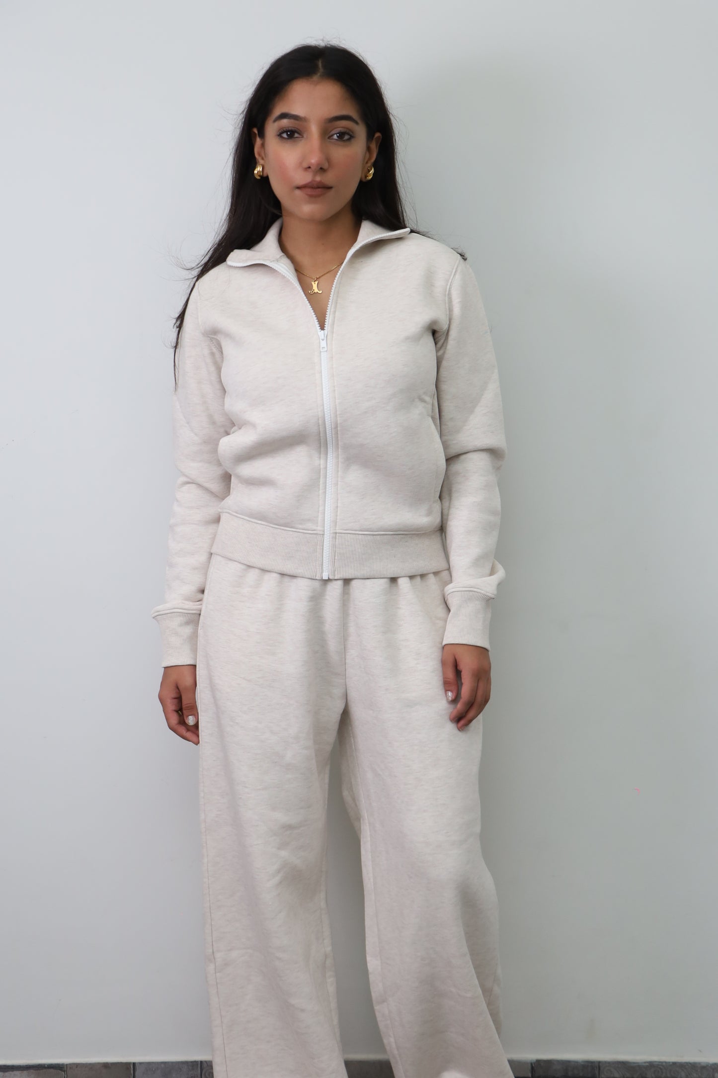 Fleece Cream Melange Zipper & Fleece Pants SET