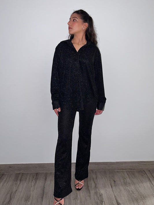 Black Cotton Shimmer Shirt Set