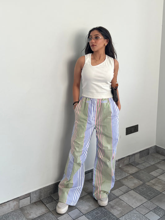 Cotton Poplin Striped Pants Rib Top Sleeve-Less Set