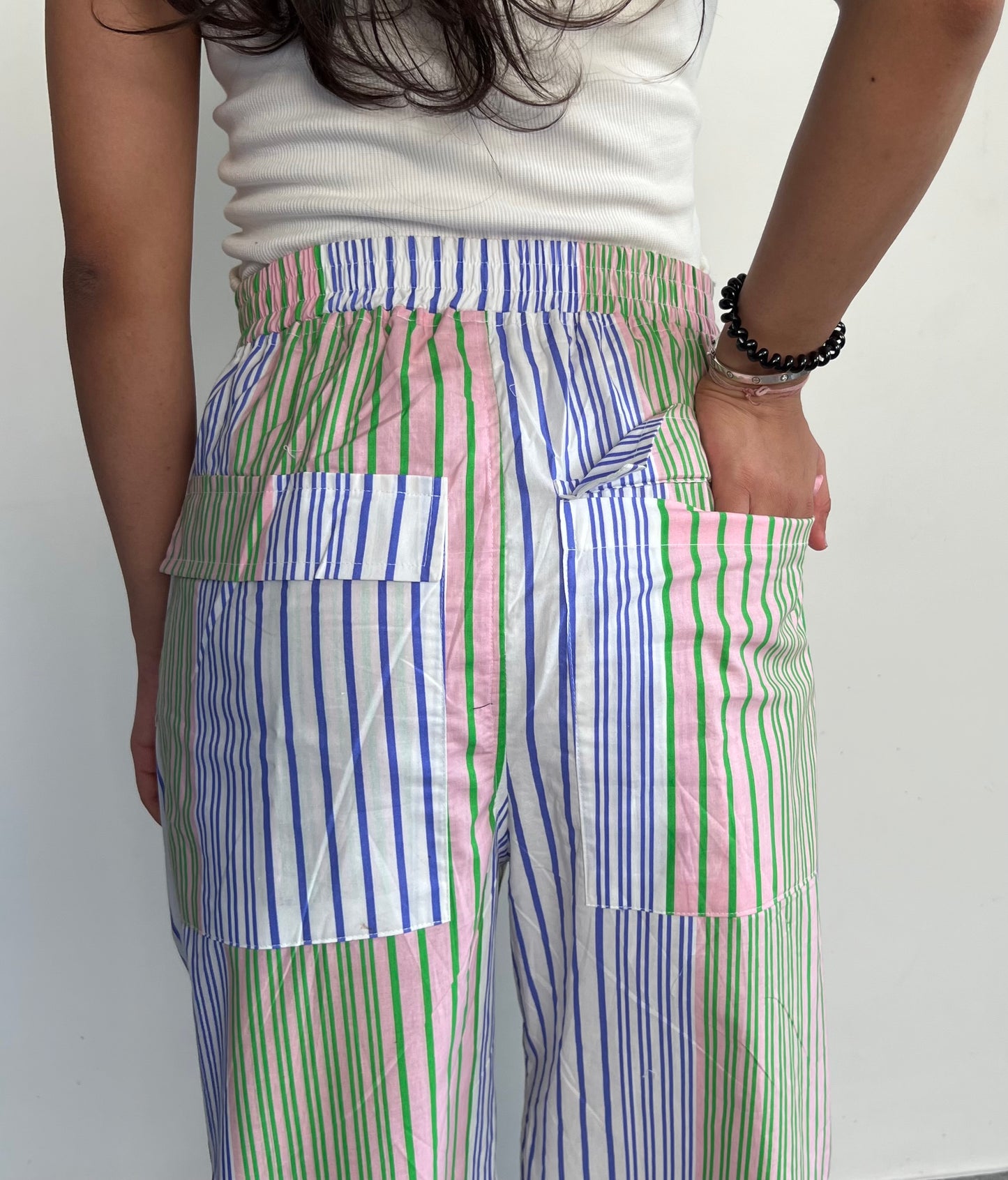 Cotton Poplin Striped Pants Rib Top Half-Sleeves Set