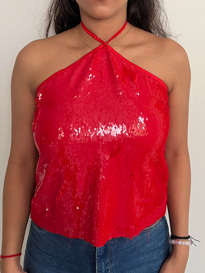 Red Water Sequin Halter Top ONLY