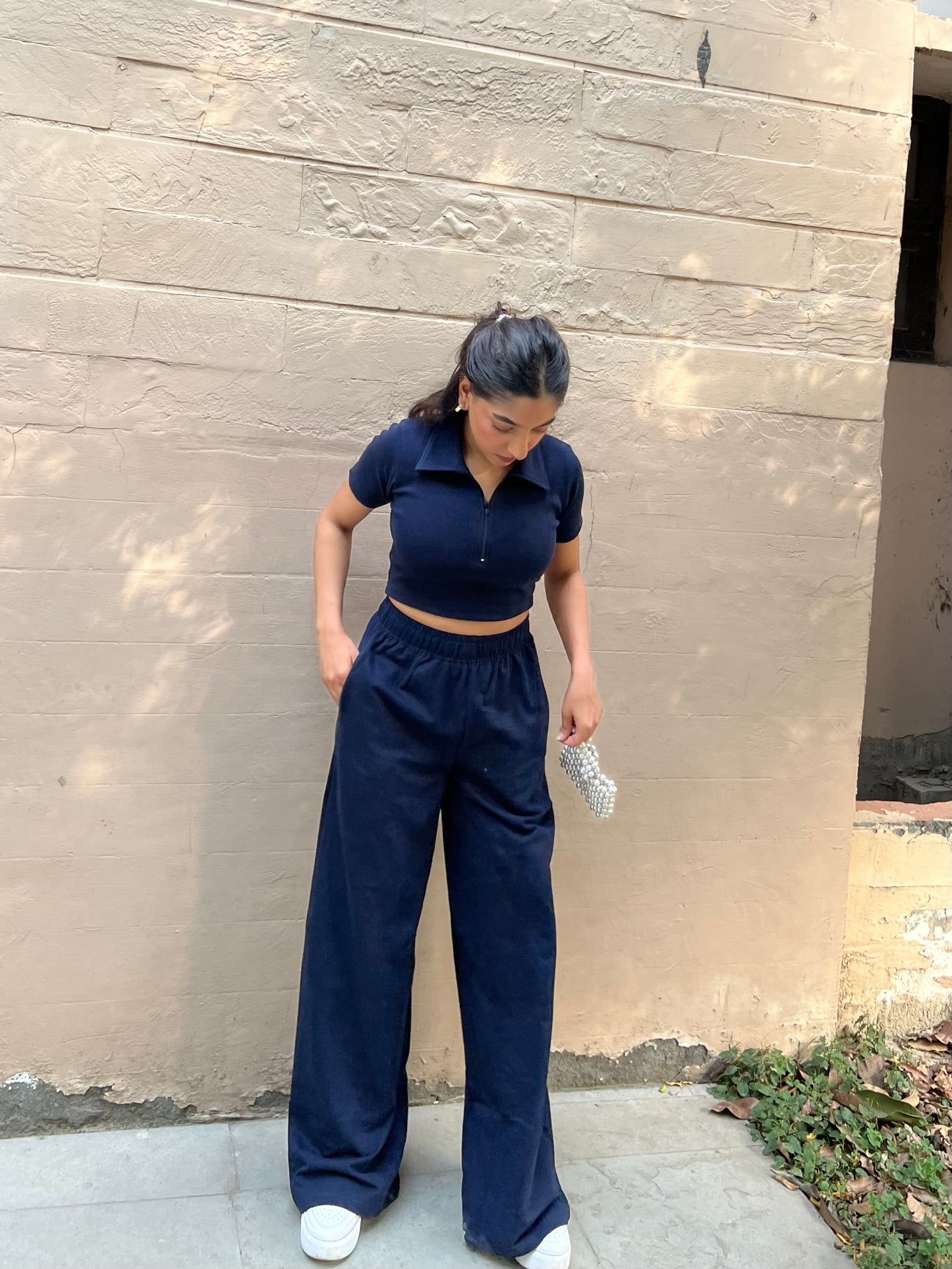 Navy Blue French Terry Half Sleeves Set