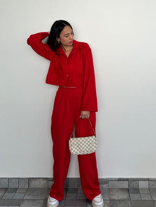 Cotton Fleece Cherry Red Shacket Set