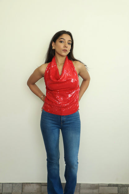 Red Water Sequin Cowl Neck Top ONLY