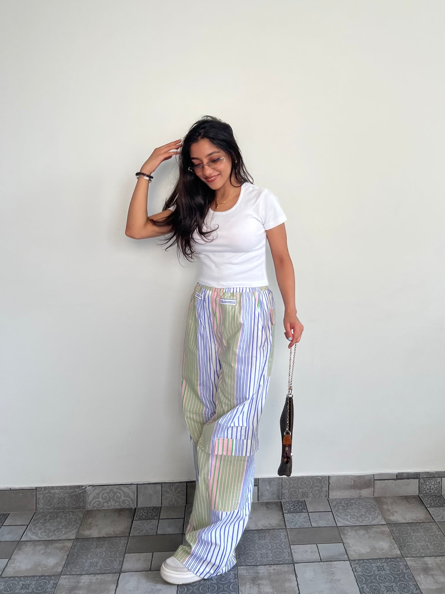 Cotton Poplin Striped Pants Rib Top Half-Sleeves Set