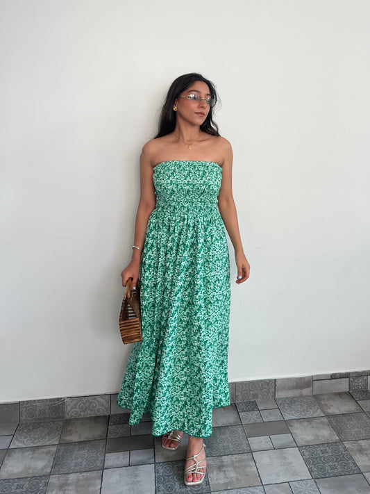 Tube smocking green print dress