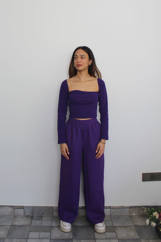 Cotton Fleece Dark Purple Crop Set