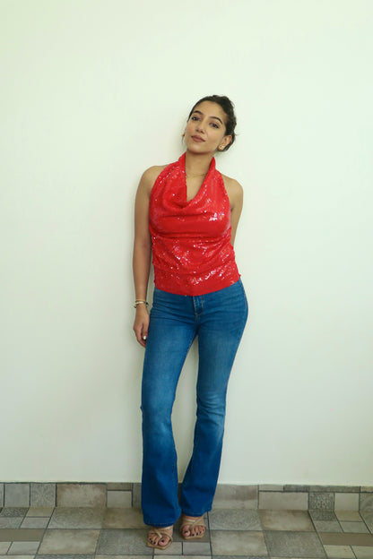 Red Water Sequin Cowl Neck Top ONLY