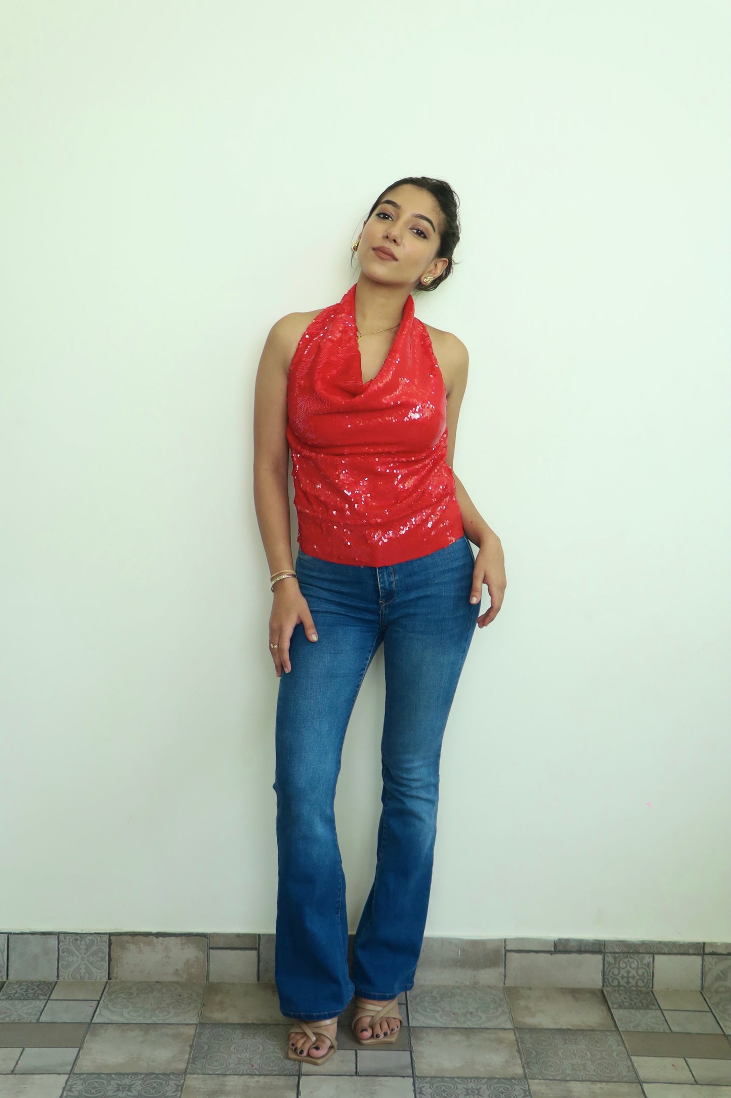 Red Water Sequin Cowl Neck Top ONLY