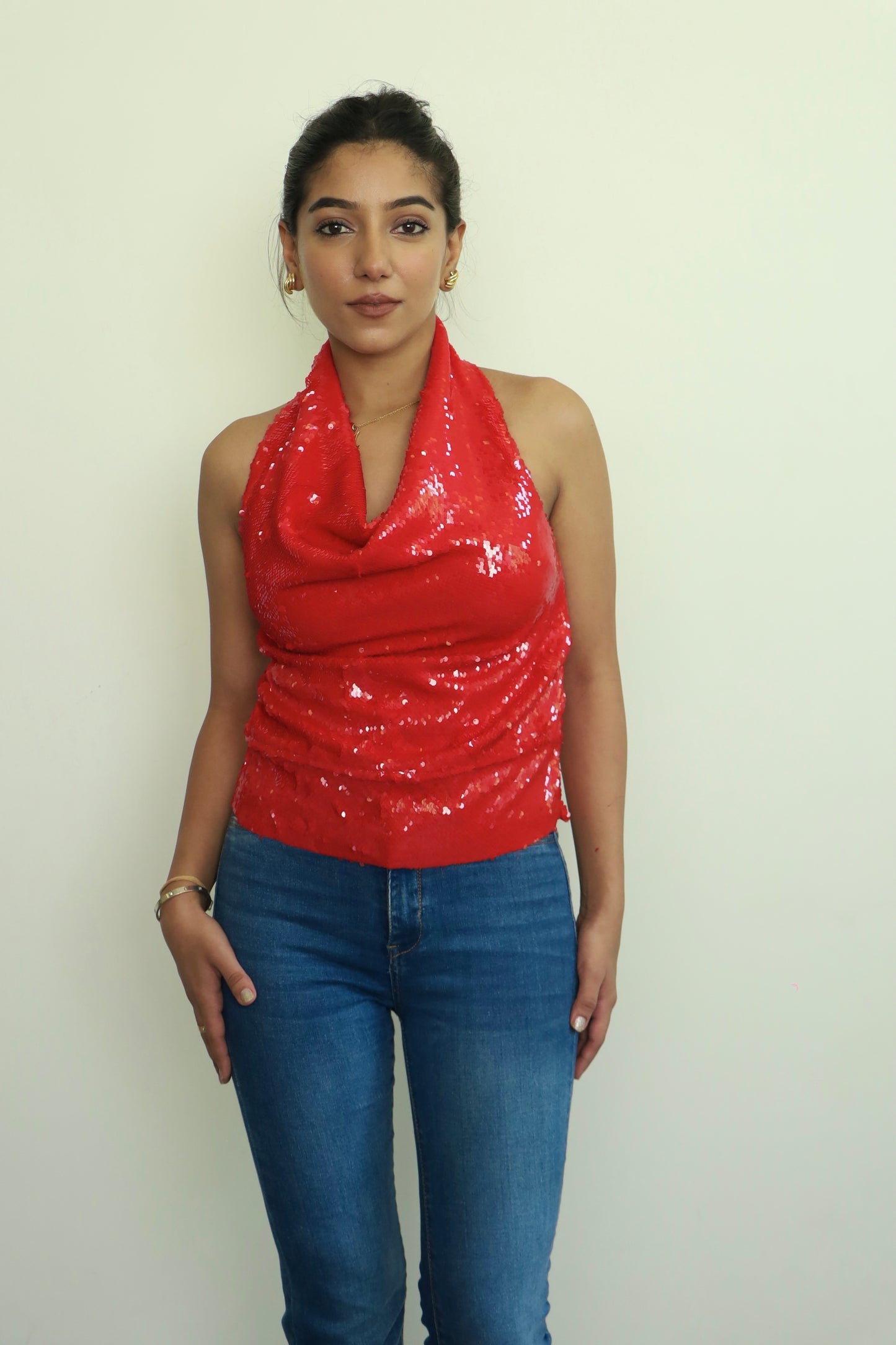 Red Water Sequin Cowl Neck Top ONLY