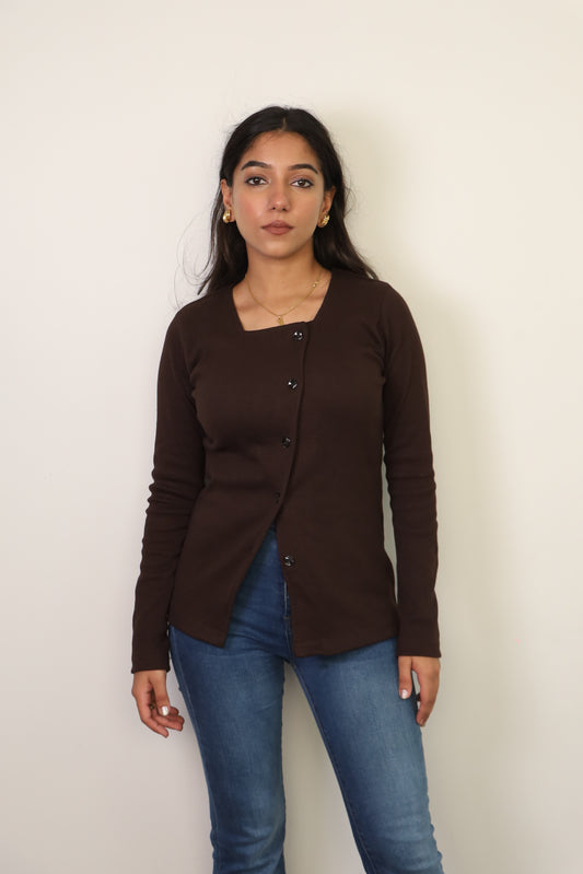 Brown Rib Full Sleeves Top ONLY