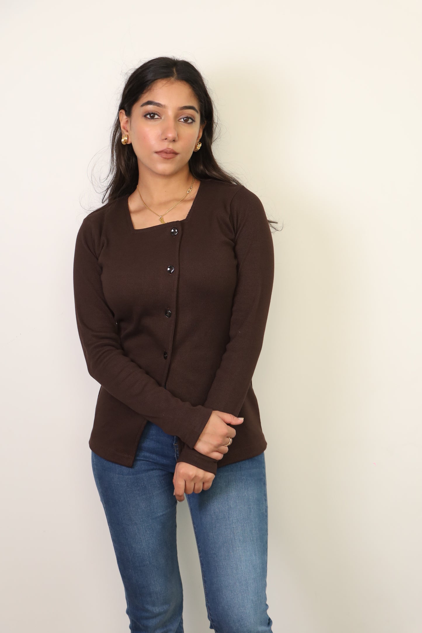 Brown Rib Full Sleeves Top ONLY