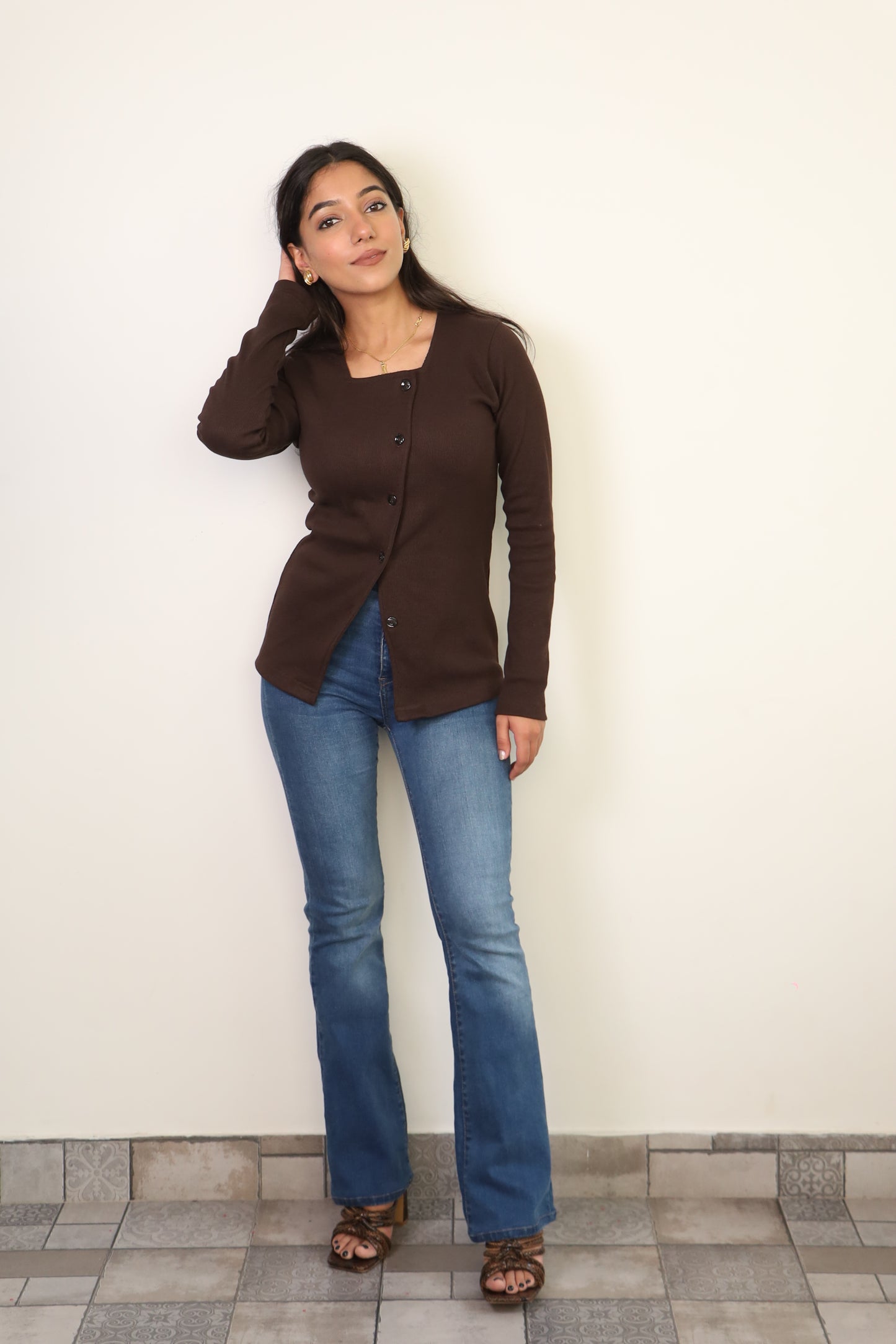 Brown Rib Full Sleeves Top ONLY