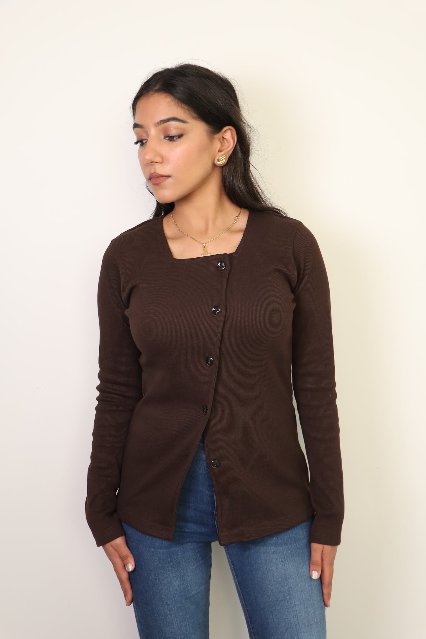 Brown Rib Full Sleeves Top ONLY