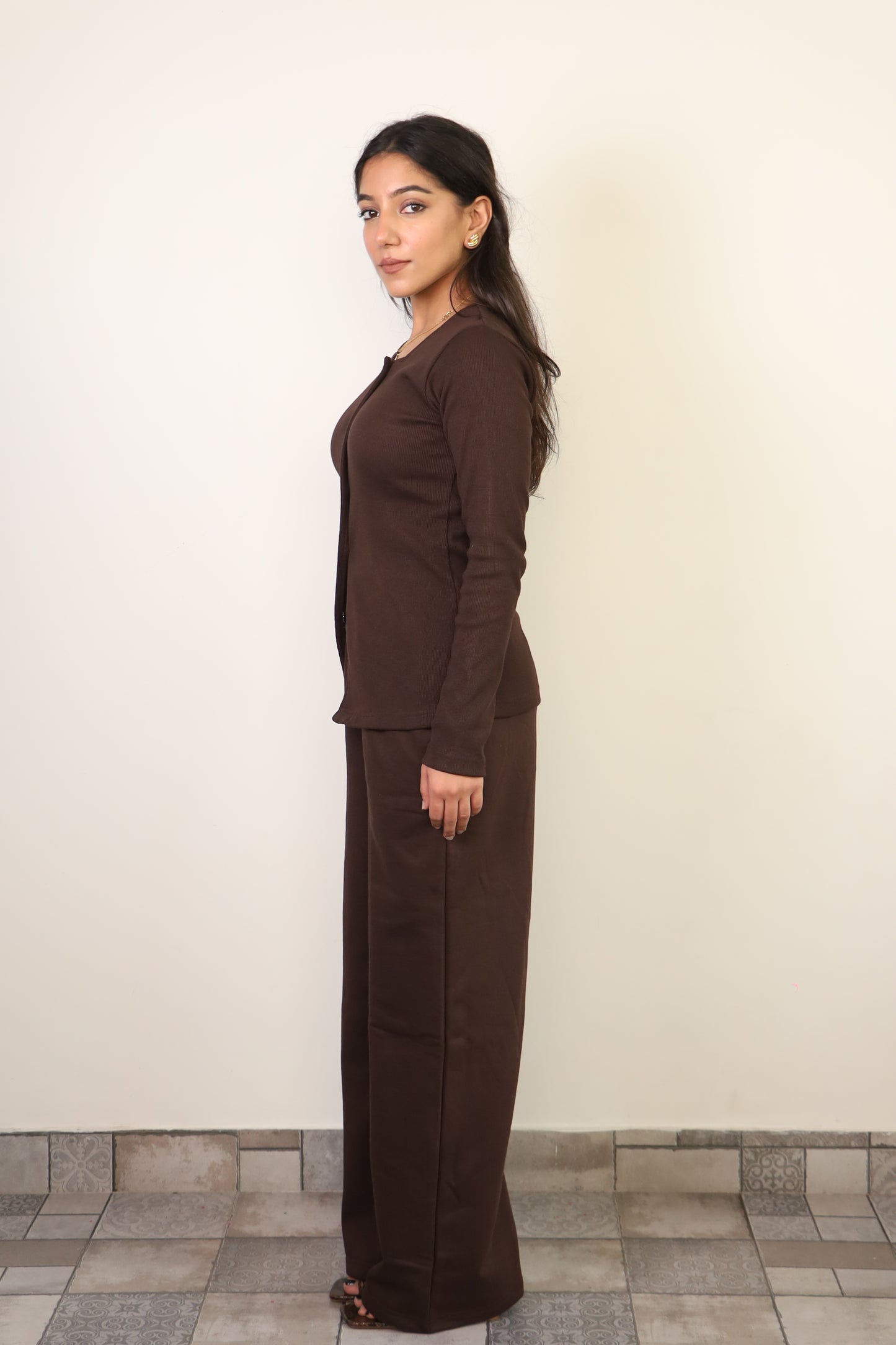 Brown Rib Full Sleeves & Cotton Fleece Pants Set