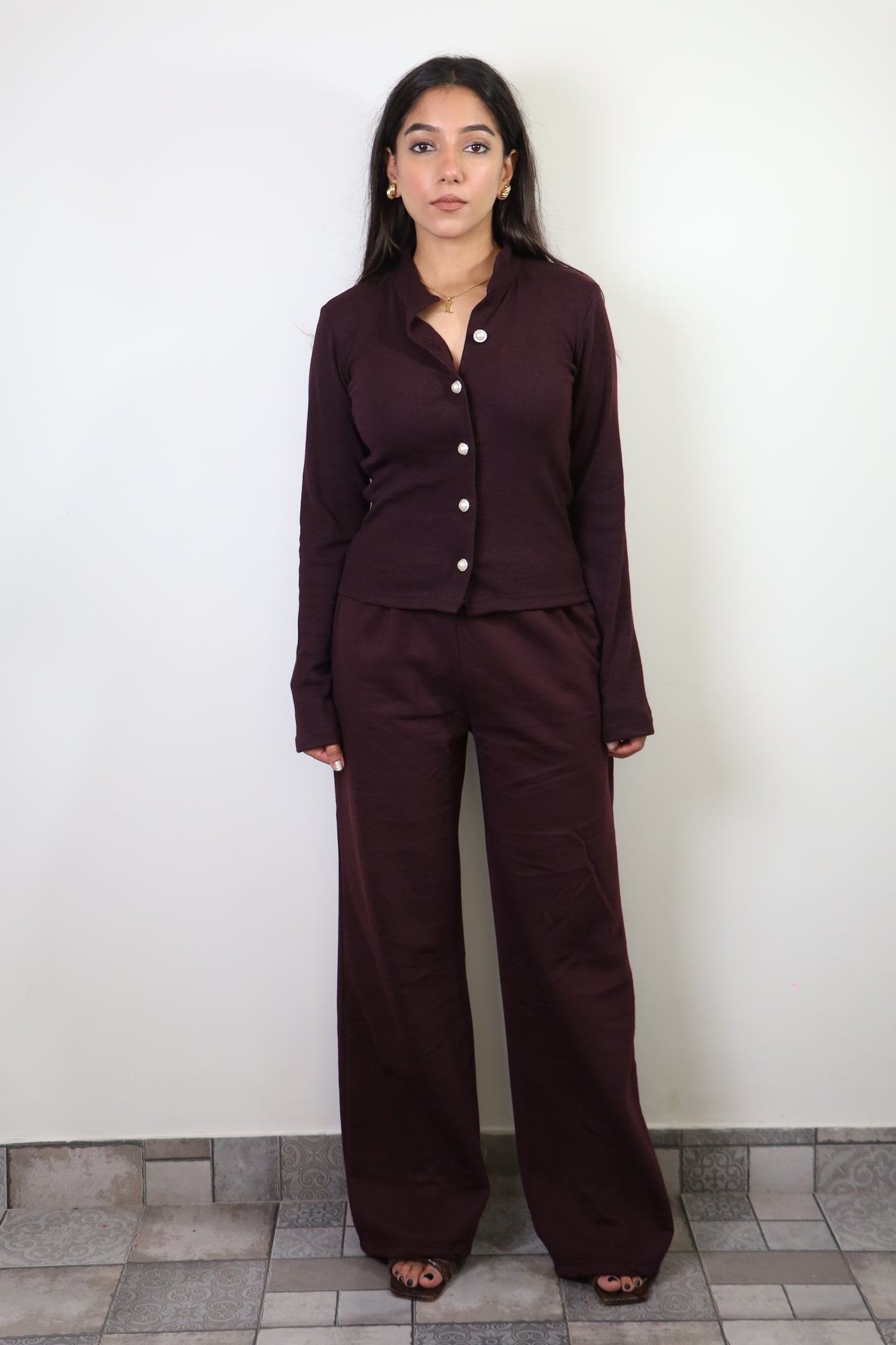 Burgundy Rib Full Sleeves & Cotton Fleece Pants Set