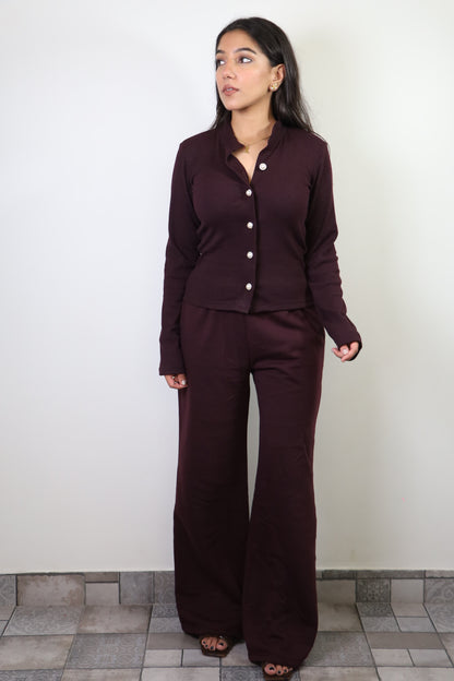 Burgundy Rib Full Sleeves & Cotton Fleece Pants Set